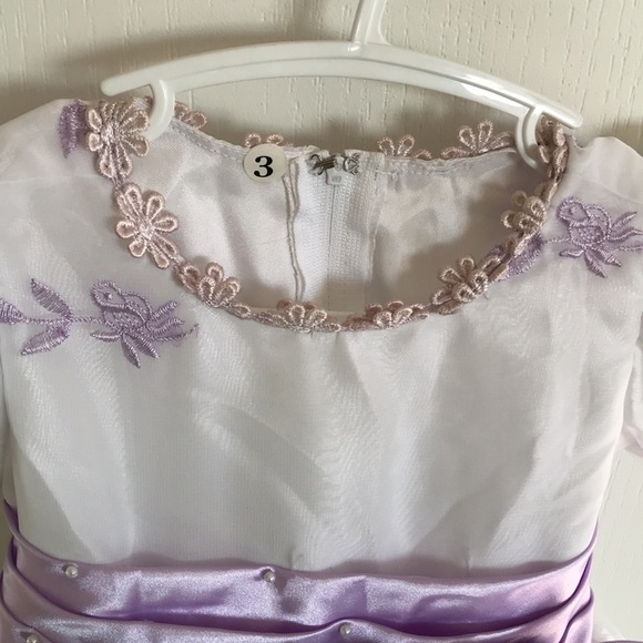 Girl's Fancy White Short Sleeve Dress with Purple Satin Ribbon Trim - Picture 4 of 4
